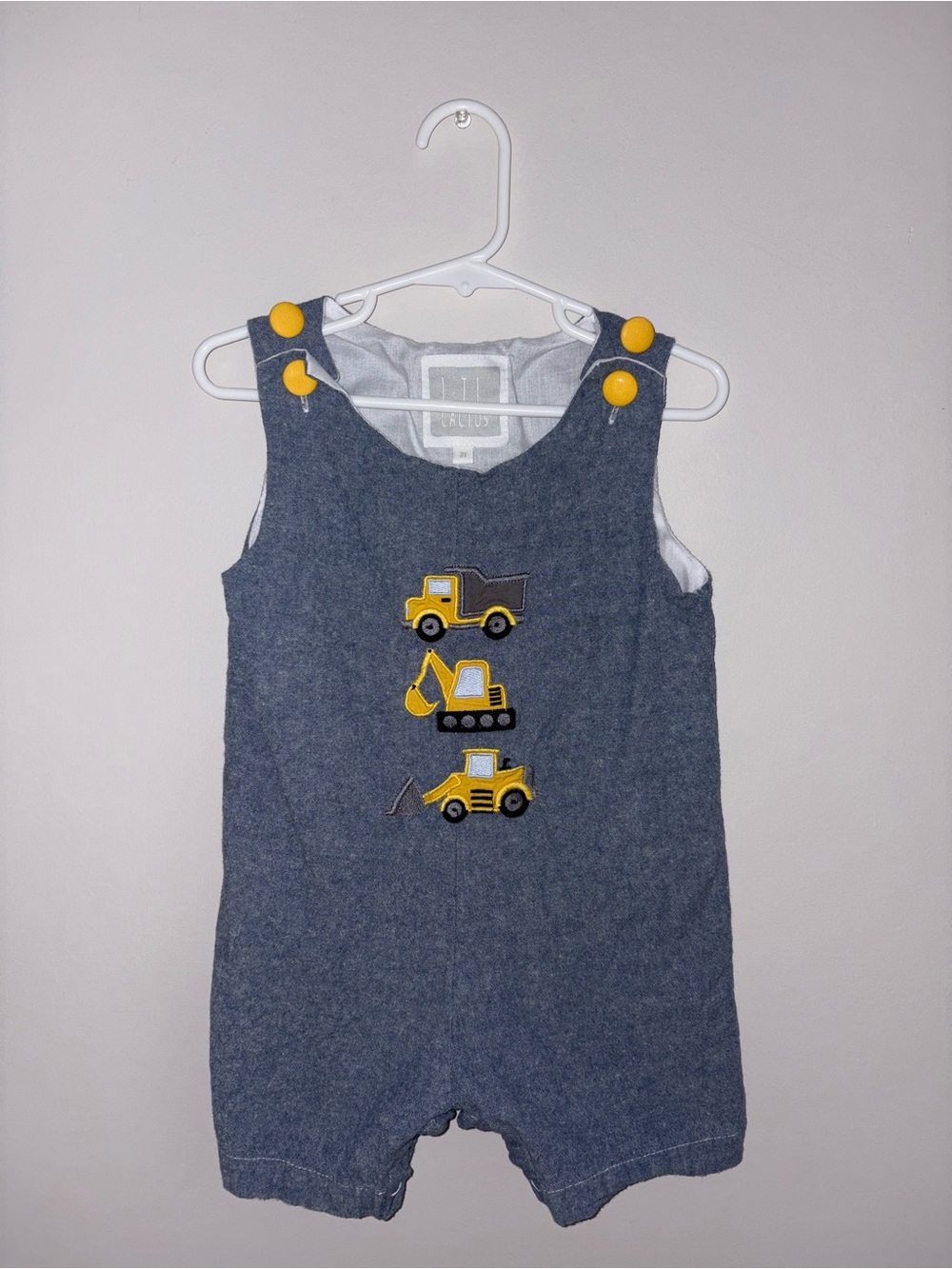 Blue Baby Romper with Yellow Construction Trucks